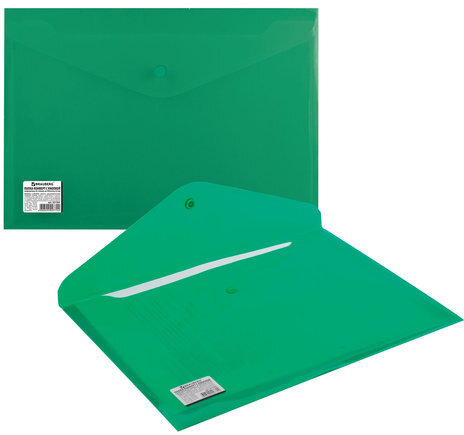 Папка-конверт с кнопкой BRAUBERG, А4, до 100 листов, непрозрачная, зеленая, СВЕРХПРОЧНАЯ 0,2 мм, 221363