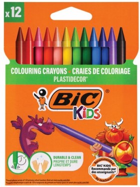 Мелки пластиковые BIC "Plastidecor", 12 цветов, ультрапрочные, круглые, картонная упаковка, подвес, 945764