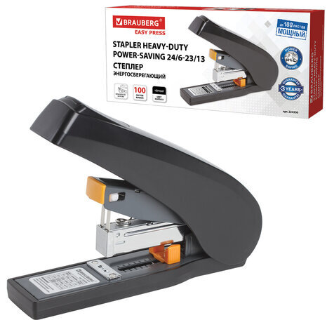 Степлер ЭНЕРГОСБЕРЕГАЮЩИЙ МОЩНЫЙ №24/6-23/13 BRAUBERG "Easy Press", до 100 листов, БЕЗ УСИЛИЙ, 224350