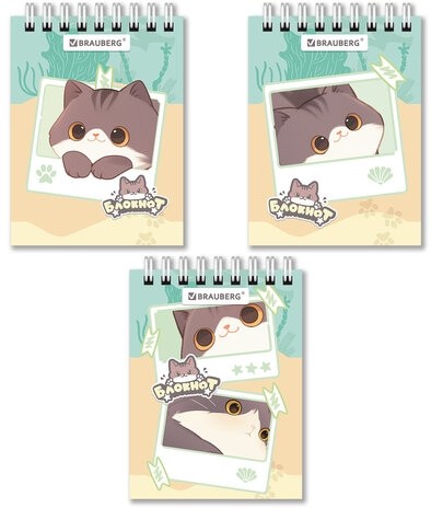 Блокнот МАЛЫЙ ФОРМАТ А7, 75х105 мм, 40 л., гребень, клетка, кросс-серия "МИЛЫЕ КОТЫ", BRAUBERG, 116988