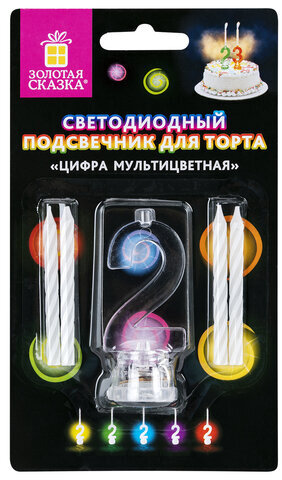 Цифра-подсвечник "2" светодиодная, ЗОЛОТАЯ СКАЗКА, в наборе 4 свечи 6 см, 1 батарейка, 591425