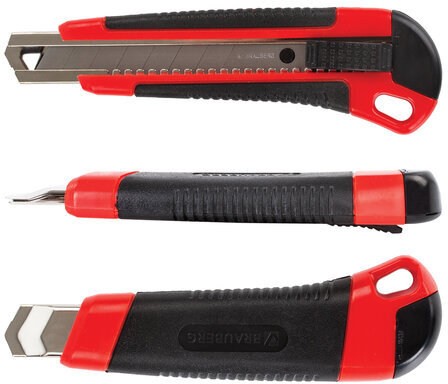 Нож канцелярский 18 мм BRAUBERG "Universal", 3 лезвия в комплекте, автофиксатор, резиновые вставки, 230919