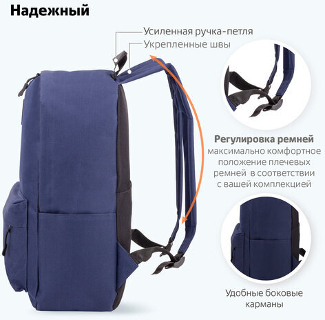 Рюкзак BRAUBERG POSITIVE универсальный, потайной карман, "Dark blue", 42х28х14 см, 270775