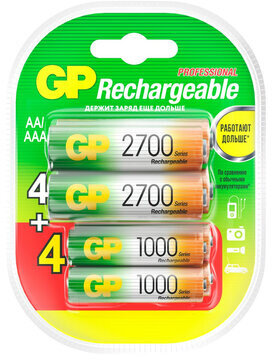 Батарейки аккумуляторные НАБОР 8 шт. (ПРОМО 4+4) GP AA+ААА (HR6+HR03) 2650mAh+930mAh, 270AA/100AAA