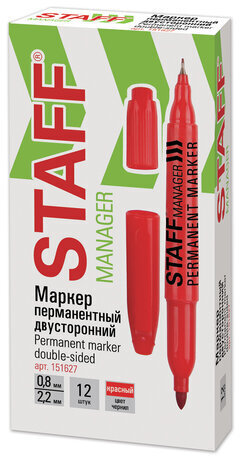 Маркер перманентный двусторонний STAFF "Manager" PM-625, КРАСНЫЙ, наконечники 0,8 мм/2,2 мм, 151627