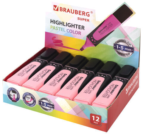 Текстовыделитель BRAUBERG "SUPER PASTEL", ПАСТЕЛЬНЫЙ РОЗОВЫЙ, прорезиненный корпус, линия 1-5 мм, 151753