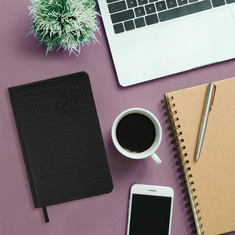 Ежедневник датированный 2024 А5 138x213 мм BRAUBERG "Comodo", под кожу, черный, 114838