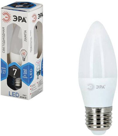 Лампа светодиодная ЭРА, 7 (60) Вт, цоколь E27, "свеча", холодный белый свет, 30000 ч., LED smdB35-7w-840-E27