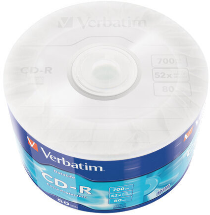 Диски CD-R VERBATIM DataLife, 700 Мб 52x Bulk (термоусадка без шпиля), КОМПЛЕКТ 50 шт., 43787