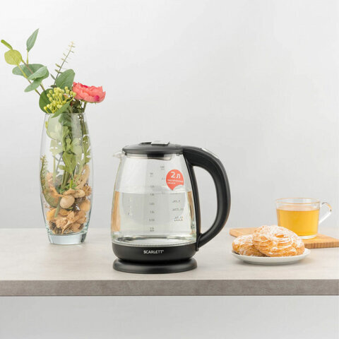 Чайник SCARLETT SC-EK27G80, 2 л, 1800 Вт, закрытый нагревательный элемент, стекло, черный