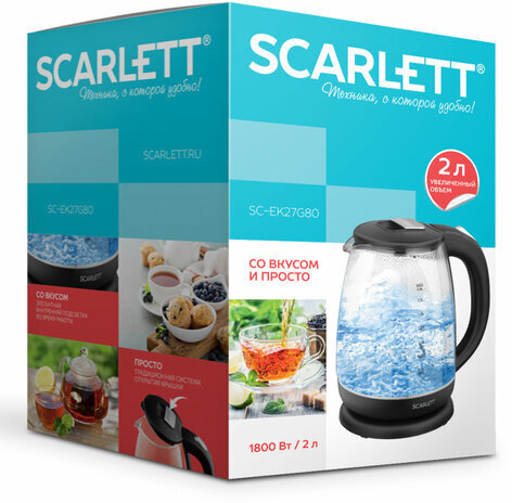 Чайник SCARLETT SC-EK27G80, 2 л, 1800 Вт, закрытый нагревательный элемент, стекло, черный