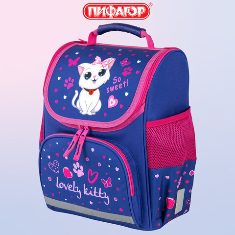 Ранец ПИФАГОР BASIC, 1 отделение, 3 кармана, эргономичная спинка, "Positive kitty", 35х28х18 см, 271369