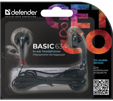 Наушники DEFENDER Basic 634, проводные, 1,1 м, стерео, вкладыши, черные, 63634