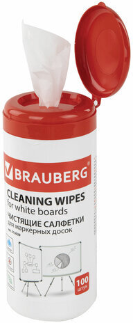 Чистящие салфетки для маркерных досок, в тубе 100 шт., влажные, BRAUBERG, 513029