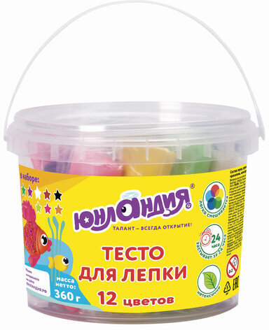 Пластилин на растительной основе (тесто для лепки) ЮНЛАНДИЯ, 12 цветов, 360 г, ведерко, 105504