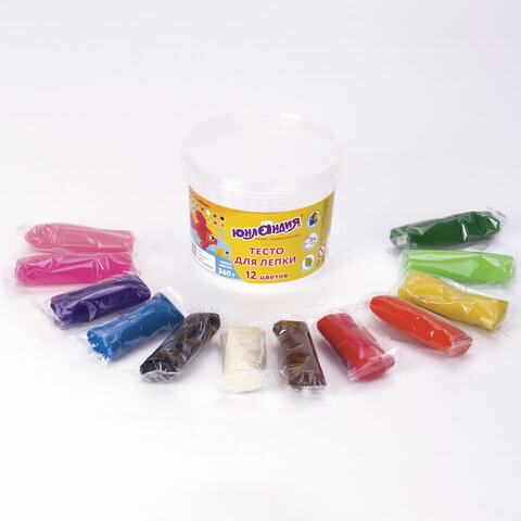 Пластилин на растительной основе (тесто для лепки) ЮНЛАНДИЯ, 12 цветов, 360 г, ведерко, 105504