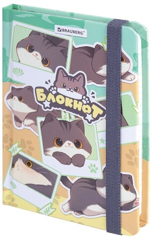 Блокнот с резинкой в клетку 96 л., МАЛЫЙ ФОРМАТ А6, 109х148 мм, BRAUBERG, кросс-серия "МИЛЫЕ КОТЫ", 116991