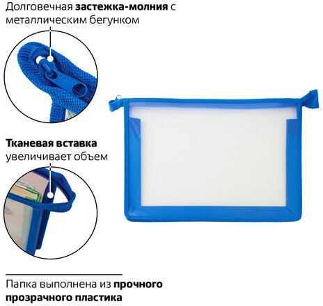 Папка для тетрадей А4 ПИФАГОР, пластик, молния сверху, прозрачная, синяя, 228209