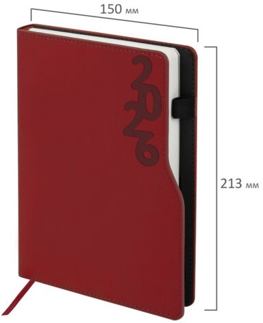 Ежедневник датированный 2026, А5, 150x213 мм, BRAUBERG "Up", под кожу, софт-тач, держатель для ручки, красный, 117120