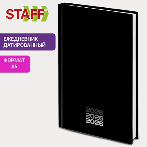 Ежедневник датированный 2026 145х215 мм, А5, STAFF, ламинированная обложка, "Black style", 117325