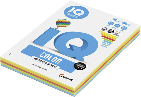 Бумага цветная IQ color, А4, 160 г/м2, 100 л. (5 цветов x 20 листов), микс интенсив, RB02