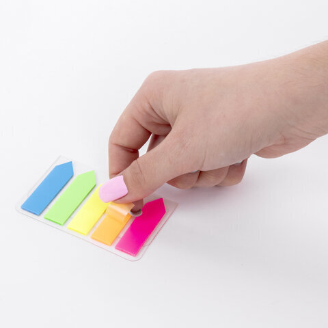 Закладки клейкие STAFF НЕОНОВЫЕ "СТРЕЛКИ", 45х12 мм, 5 цветов х 20 листов, на пластиковом основании, 111355