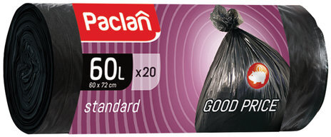 Мешки для мусора 60 л, черные, в рулоне 20 шт., ПНД, 7,4 мкм, 60х72 см, PACLAN "Standard"