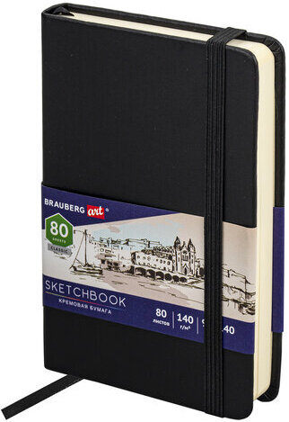 Скетчбук, слоновая кость 140 г/м2 90х140 мм, 80 л., КОЖЗАМ, резинка, BRAUBERG ART CLASSIC, черный, 113188