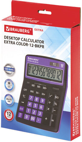 Калькулятор настольный BRAUBERG EXTRA COLOR-12-BKPR (206x155 мм),12 разрядов, двойное питание, ЧЕРНО-ФИОЛЕТОВЫЙ, 250480