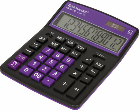 Калькулятор настольный BRAUBERG EXTRA COLOR-12-BKPR (206x155 мм),12 разрядов, двойное питание, ЧЕРНО-ФИОЛЕТОВЫЙ, 250480