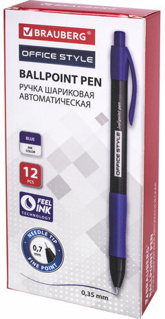 Ручка шариковая автоматическая с грипом BRAUBERG OFFICE STYLE, СИНЯЯ, игольчатый наконечник 0,7мм, линия 0,35мм, тонированный корпус, 144210