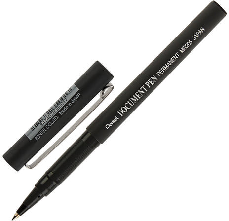 Ручка-роллер PENTEL (Япония) "Document Pen", ЧЕРНАЯ, корпус черный, узел 0,5 мм, линия письма 0,25 мм, MR205-A