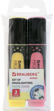 Набор текстовыделителей BRAUBERG 2 шт., ВАНИЛЬ/ПАСТЕЛЬНЫЙ РОЗОВЫЙ, &quot;SUPER PASTEL&quot;, линия 1-5 мм, 151754
