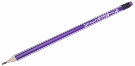Карандаш чернографитный BRAUBERG, 1 шт., "Lines", HB, трехгранный, с ластиком, фиолетовый/серебристый, 181295