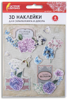 Наклейки бумажные объемные для скрапбукинга и декора ЦВЕТЫ, 6 штук, ОСТРОВ СОКРОВИЩ, 662274