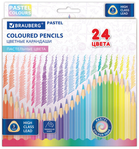 Карандаши цветные BRAUBERG PASTEL, 24 пастельных цвета, трёхгранные, грифель 3 мм, 181851