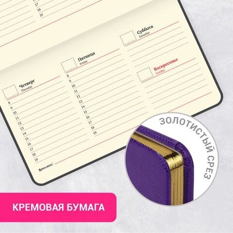 Еженедельник недатированный МАЛЫЙ ФОРМАТ 95х155 мм А6 BRAUBERG "Iguana", под кожу, 64 л., сиреневый, 114482