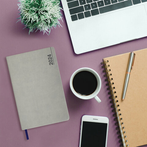 Ежедневник датированный 2024 А5 138x213 мм, BRAUBERG "Metropolis Mix", под кожу, серый, 114939