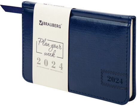 Еженедельник датированный 2024 МАЛЫЙ ФОРМАТ 95х155 мм А6, BRAUBERG "Imperial", под кожу, синий, 115042