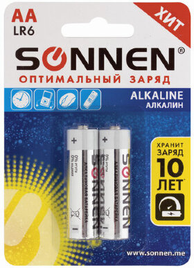 Батарейки КОМПЛЕКТ 2 шт., SONNEN Alkaline, АА (LR6, 15А), алкалиновые, пальчиковые, блистер, 451084