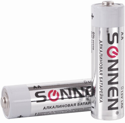Батарейки КОМПЛЕКТ 2 шт., SONNEN Alkaline, АА (LR6, 15А), алкалиновые, пальчиковые, блистер, 451084