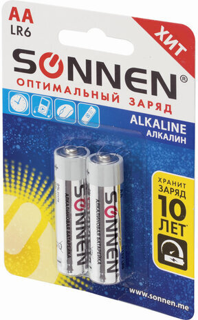 Батарейки КОМПЛЕКТ 2 шт., SONNEN Alkaline, АА (LR6, 15А), алкалиновые, пальчиковые, блистер, 451084