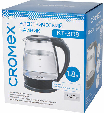 Чайник электрический CROMEX KT-308, 1,8 л, 1500 Вт, стекло, черный, 455150