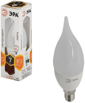 Лампа светодиодная ЭРА, 7 (60) Вт, цоколь E14, &quot;свеча на ветру&quot;, теплый белый свет, 30000 ч., LED smdBXS-7w-827-E14