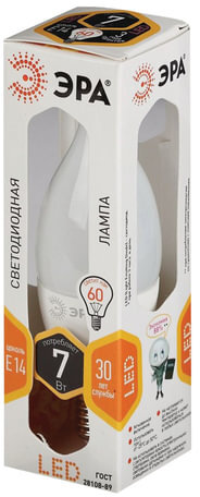 Лампа светодиодная ЭРА, 7 (60) Вт, цоколь E14, "свеча на ветру", теплый белый свет, 30000 ч., LED smdBXS-7w-827-E14