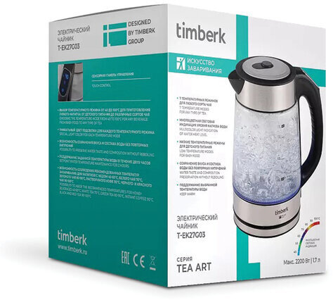 Чайник TIMBERK T-EK27G03, 1,7 л, 2200 Вт, закрытый нагревательный элемент, ТЕРМОРЕГУЛЯТОР, стекло, стальной