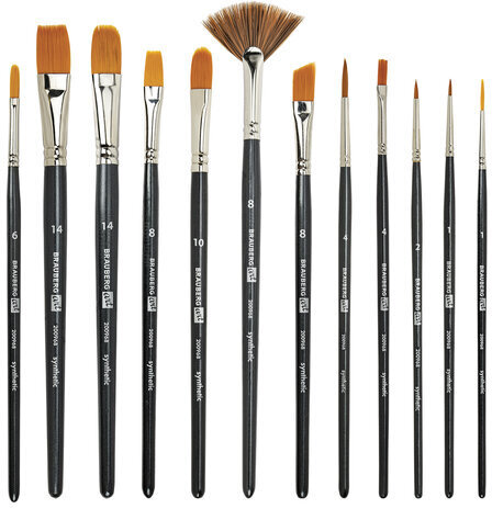 Кисти художественные набор 12 шт., в черной скрутке, синтетика, BRAUBERG ART CLASSIC, № 1-14 + веерная, 200968