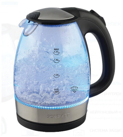 Чайник SCARLETT SC-EK27G91, 1,7 л, 2200 Вт, закрытый нагревательный элемент, стекло, черный