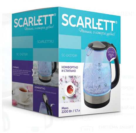 Чайник SCARLETT SC-EK27G91, 1,7 л, 2200 Вт, закрытый нагревательный элемент, стекло, черный
