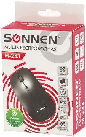 Мышь беспроводная SONNEN M-243, USB, 1600 dpi, 4 кнопки, оптическая, цвет черный, 512646